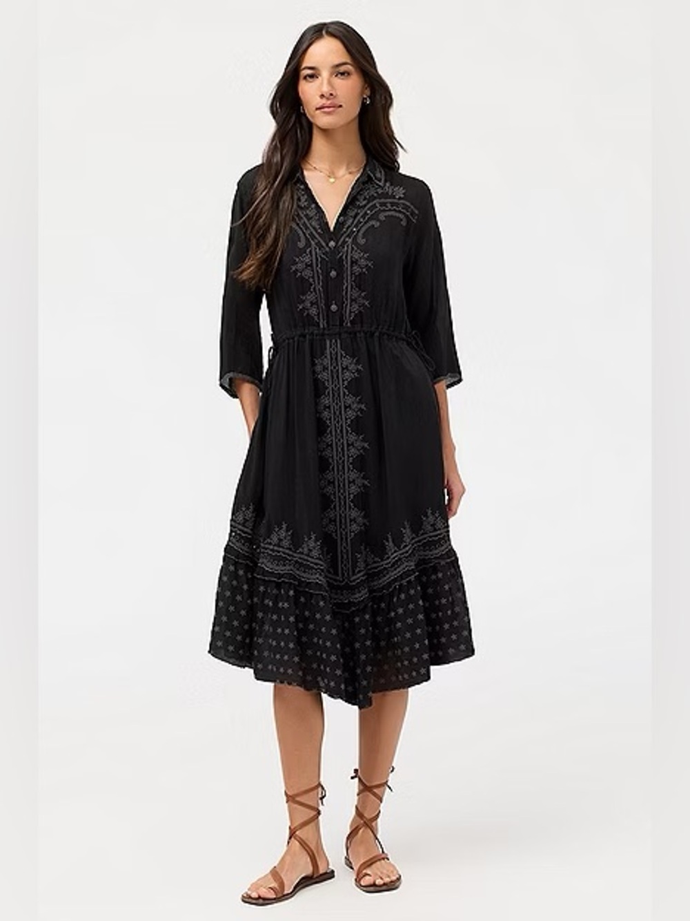 Johnny Was Black Embroidered Asymmetrical Midi Dress